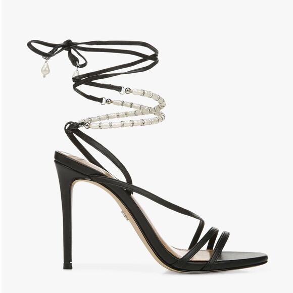 Sam Edelman Scarlette Leather Beaded Ankle Wrap Heels Black/Pearl Women's 9 M - Picture 1 of 14